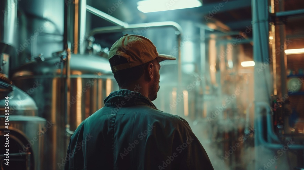 Obraz premium Brewer in a hat inspects equipment in a misty brewery
