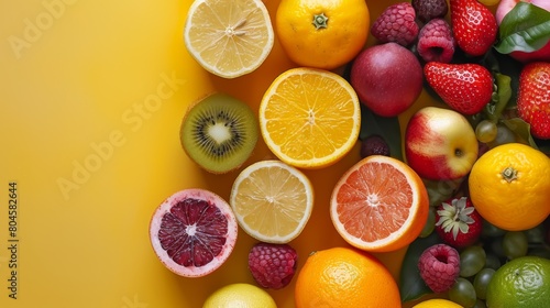 A variety of fruits are arranged on a yellow background  AI