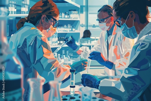 Image featuring medical scientists in a laboratory, engaged in the development of a new vaccine for pandemic viruses. Generative AI