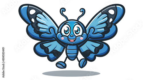 A cute blue butterfly with black outline  smiling and flying in the air  vector illustration  white background