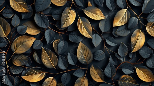 Black and gold leaves pattern on a dark background in the style of a vector illustration.