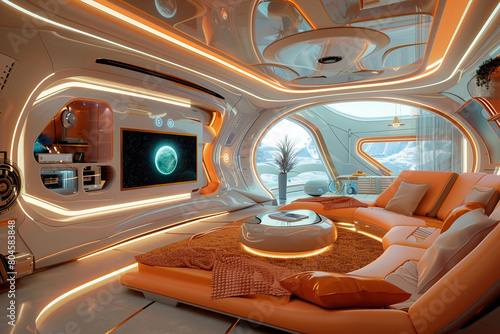 A futuristic living room featuring peach accents and state-of-the-art entertainment systems.  © Creative