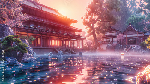 Historic Japanese Temple Overlooking a Serene Pond, Captured in the Warm Glow of a Setting Sun photo
