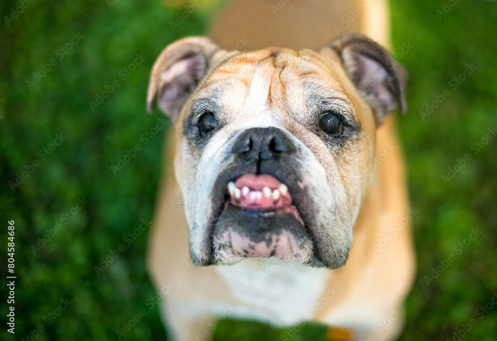 A purebred English Bulldog with an underbite and crooked teeth A purebred English Bulldog with an underbite and crooked teeth