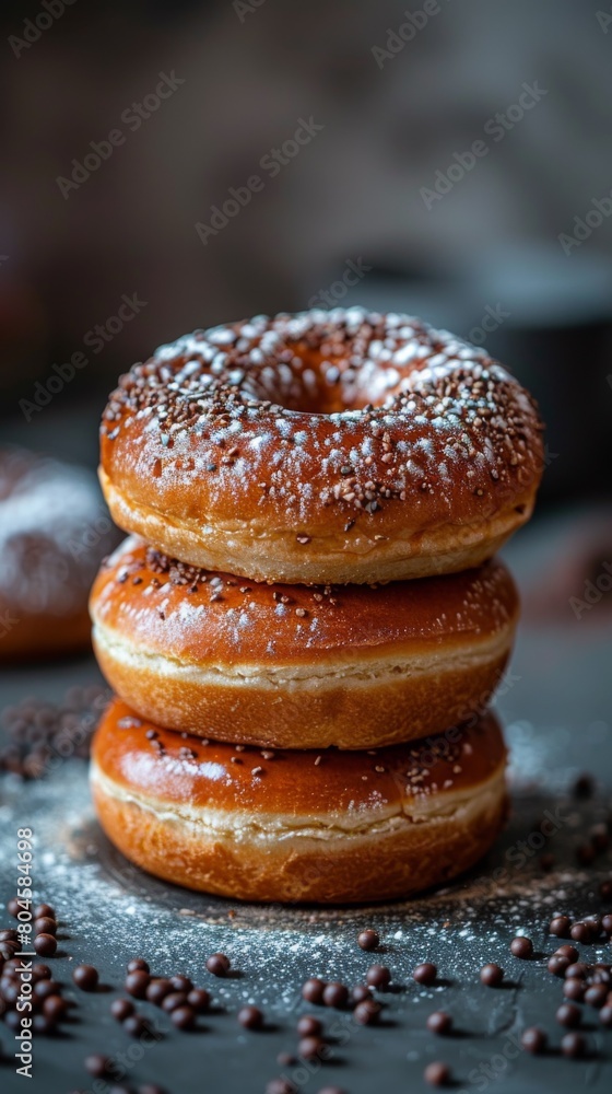 A stack of three doughnuts with sprinkles on top sitting next to coffee beans, AI