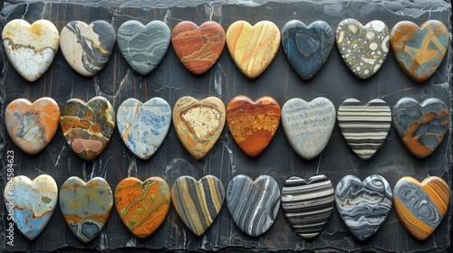 Colorful heart-shaped stones arranged on a dark textured background with space for text