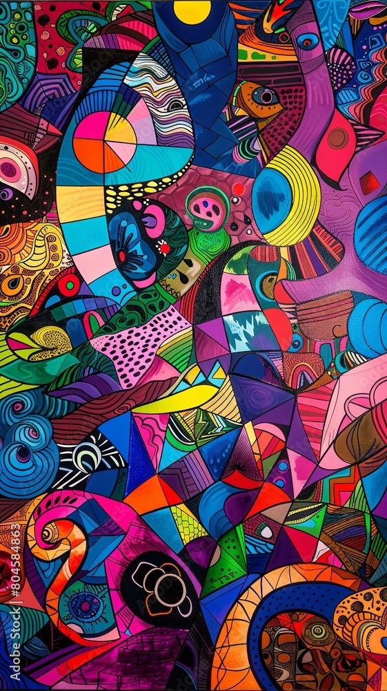 A vibrant painting with various colors and shapes