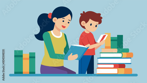 A mother and child browsing together the child eagerly selecting books while the mother helps them find ageappropriate titles.. Vector illustration
