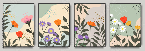 Botanical wall art set foliage with flowers. Decorative contemporary art botanical prints for print, cover, wallpaper, Minimal and natural wall art.