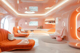 A futuristic living room featuring peach accents and state-of-the-art entertainment systems.
