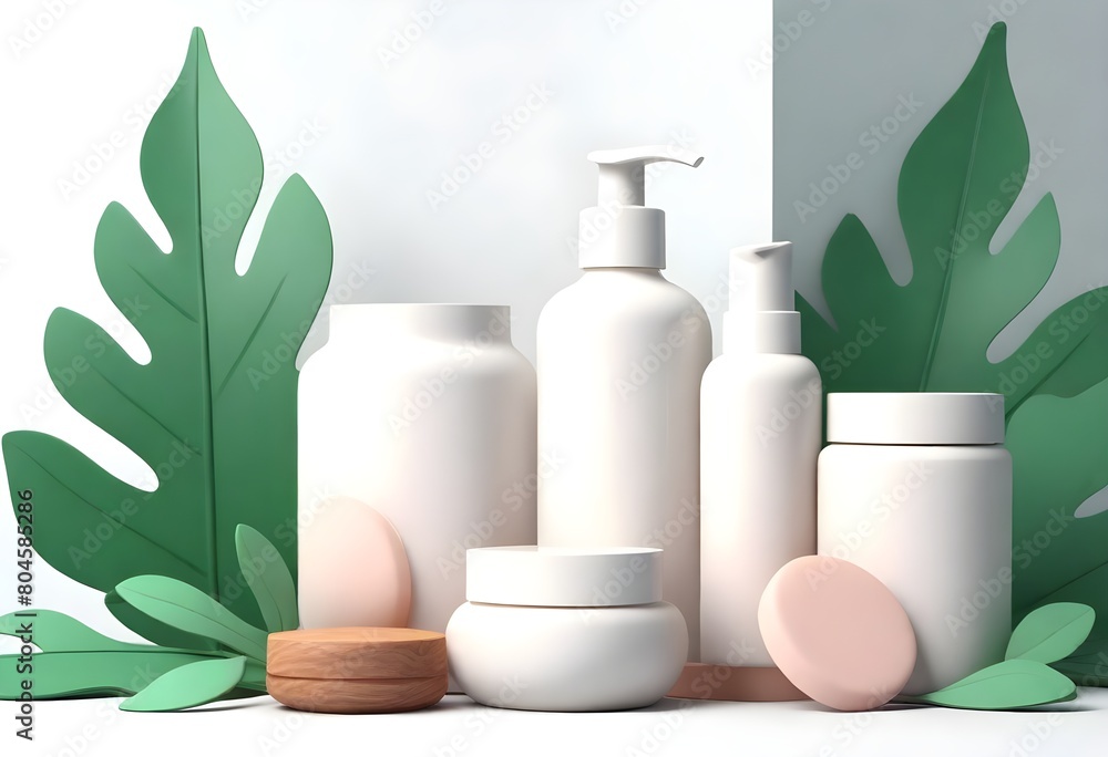 A collection of 3D natural skincare product create with ai