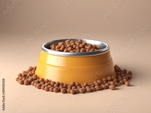 Dry dog food in a yellow bowl isolated on a brown background. Realistic Pet food and cat food. Feeding Times and Frequency for Your Dog.
