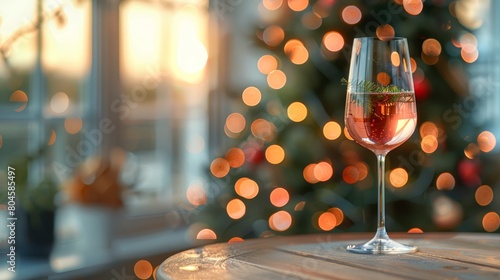  A tight shot of a wine glass on a table, surrounded by a Christmas tree and illuminated by background lights