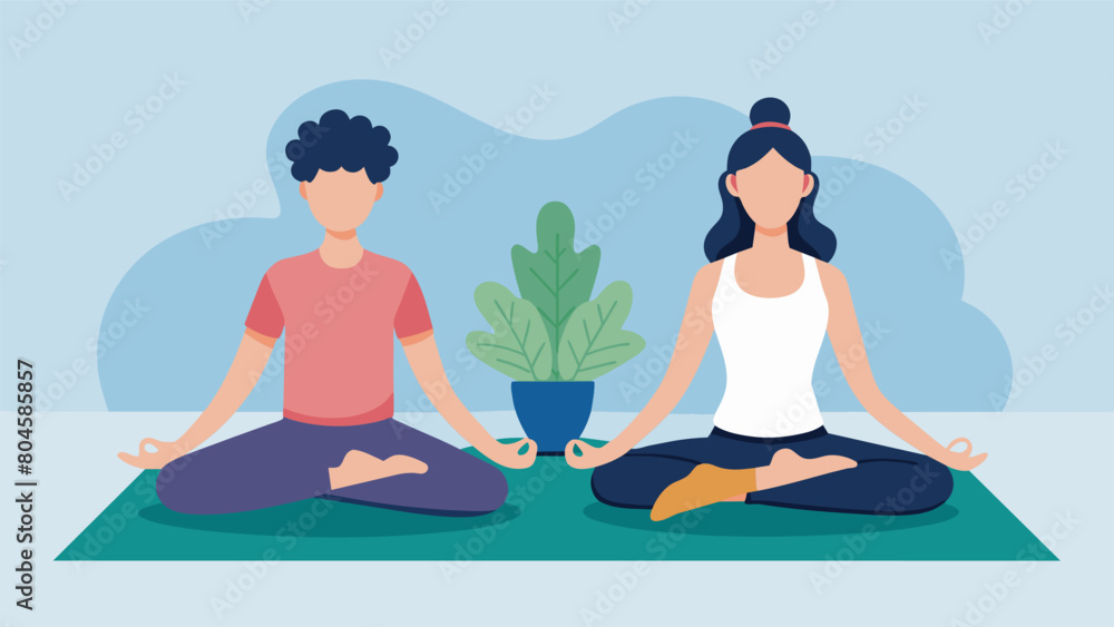 Two people sitting on a yoga mat practicing different poses and focusing on their breath to reduce stress.. Two people sitting on a yoga mat practicing different poses and focusing on their breath to reduce stress..