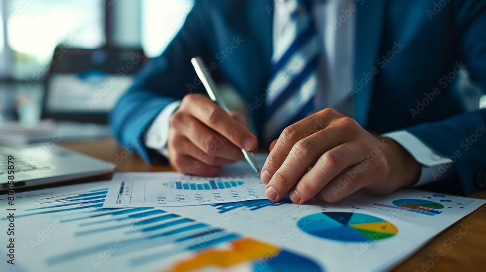 Consultant evaluates financial statements and graphs in a corporate environment Consultant evaluates financial statements and graphs in a corporate environment