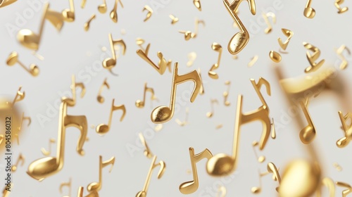 Fototapeta Naklejka Na Ścianę i Meble -  Golden music notes flying in the air against a white background, rendered in 3D.