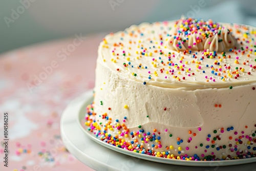 white frosted cake with colorful sprinkles festive birthday dessert food photography