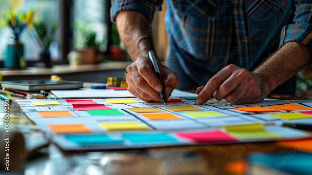 Obraz premium Consultant mapping out strategy with vibrant sticky notes in close-up shot
