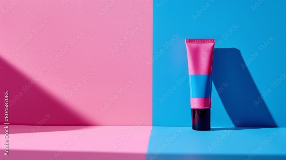 A pink tube adjacent to a blue tube against a pink-blue background; a pink-blue rectangle nearby A pink tube adjacent to a blue tube against a pink-blue background; a pink-blue rectangle nearby