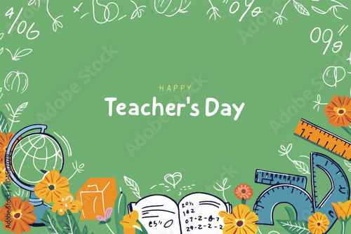 A vibrant and colorful illustration of a teacher's day vcelebration. Dominating the background is a soft hue, punctuated with white doodles of mathematical symbols, such as percentages and equations.  photo