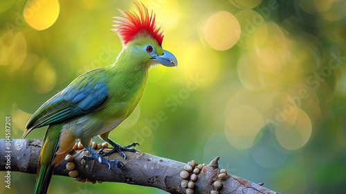A vibrant red crested turaco perches on a branch, its feathers gleaming in HD clarity.
