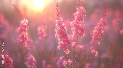  A scene of pink blooms under sunlight filtering through clouds in the background