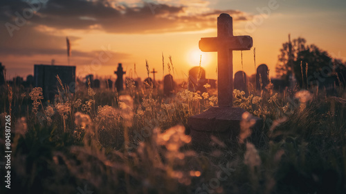 Peaceful cemetery scene at sunset, featuring a stone cross surrounded by wild grass, with the sun setting beautifully in the background and other tombstones visible.