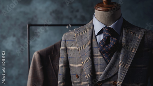 Sophisticated mannequin displaying a tailored plaid suit with a matching tie and shirt, set against a textured blue background, showcasing classic menswear elegance.