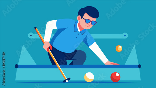 A man with a visual impairment using specialized cues to play a game of adapted billiards skillfully sinking shot after shot.. Vector illustration