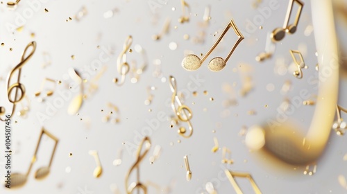 Golden music notes flying in the air against a white background, rendered in 3D. photo