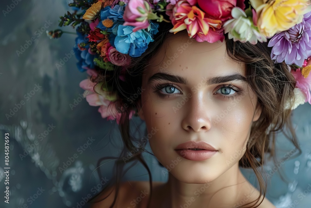 beautiful young woman with colorful flowers in her hair portrait photography beautiful young woman with colorful flowers in her hair portrait photography