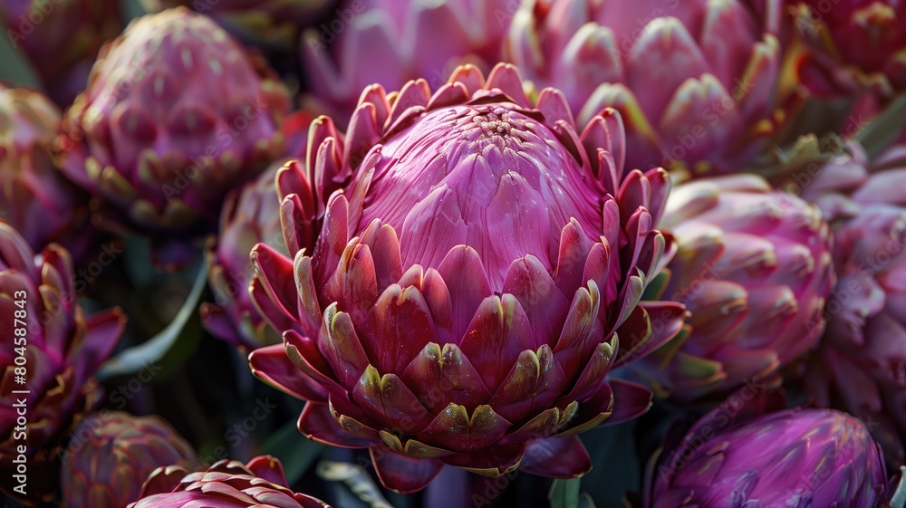 Fototapeta premium A highly detailed close-up of a vibrant pink artichoke flower.