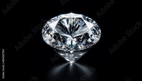 Close-up image of a sparkling  perfectly cut diamond. The diamond is placed in the center of a pure black background so that the light reflects its brilliant edges. Enough free space around the diamon