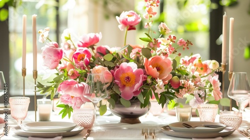  A beautifully arranged table with pink flowers and elegant tableware.