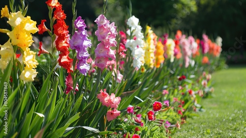 Garden scene with rows of colorful gladiolus flowers.