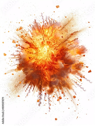 A large explosion is depicted in the image, with a bright orange fire