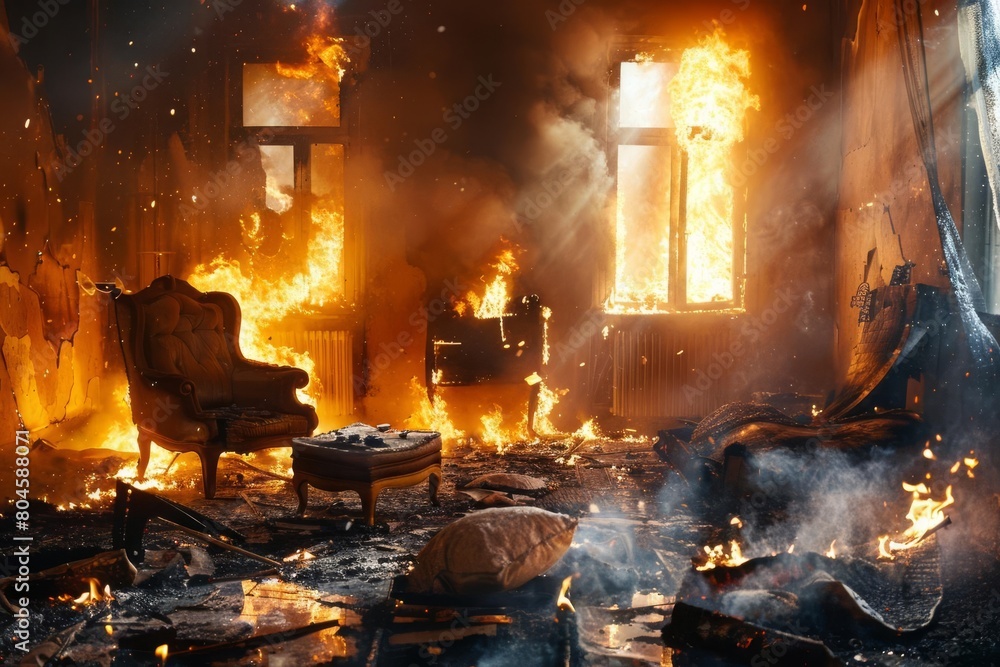 burning room interior with furniture engulfed in flames smoke and soot dramatic fire scene
