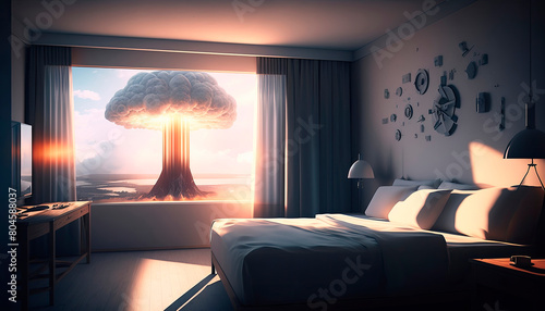 room view from the window atomic explosion. Generative AI,