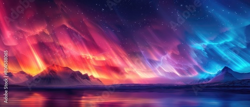 A beautiful landscape of mountains and a lake under a starry night sky with a colorful aurora photo