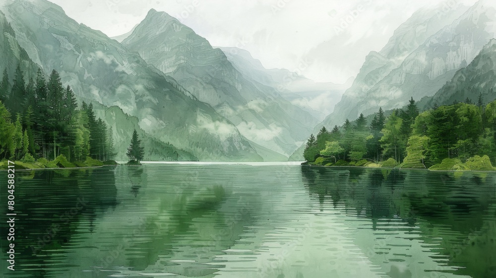 A painting of a mountain lake with green trees and mountains in the background, AI
