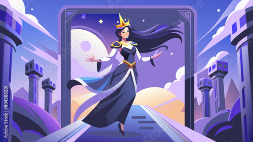 tarot card wit running caucasian queen with black hairs