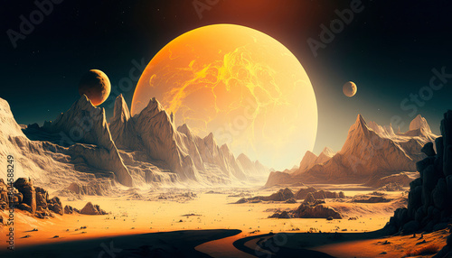 space landscape with moon and sun. generative AI,