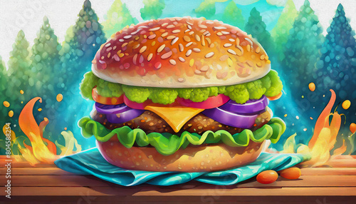oil painting style CARTOON CHARACTER illustration Hamburger on a wooden table with flames,