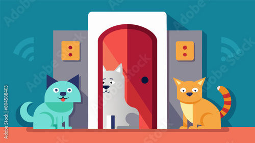 A voiceactivated pet door that only opens for designated pets keeping unwanted critters out.. Vector illustration
