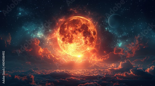 Spark the imagination with an image of an orange ball floating serenely amidst a sea of twinkling stars  a celestial beacon of warmth and light against the backdrop of the night sky. 