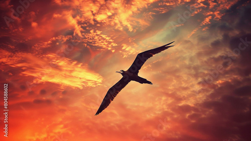 Against a vivid sky  a magnificent frigatebird soars with wings outstretched  a symbol of freedom.