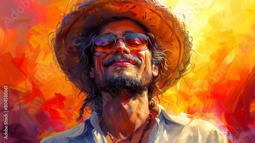 A man with a straw hat and sunglasses smiling in front of an orange background  AI