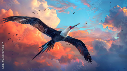 Against a vivid sky  a magnificent frigatebird soars with wings outstretched  a symbol of freedom.