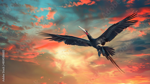 Against a vivid sky, a magnificent frigatebird soars with wings outstretched, a symbol of freedom. photo