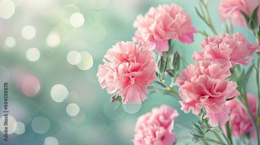 A delicate and beautiful pink carnation blossoms against a soft bright backdrop creating the perfect space for text on this lovely spring day just in time for Mother s Day A delicate and beautiful pink carnation blossoms against a soft bright backdrop creating the perfect space for text on this lovely spring day just in time for Mother s Day